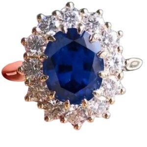 Elegant Blue and Goldtone Gemstone Ring with CZ's